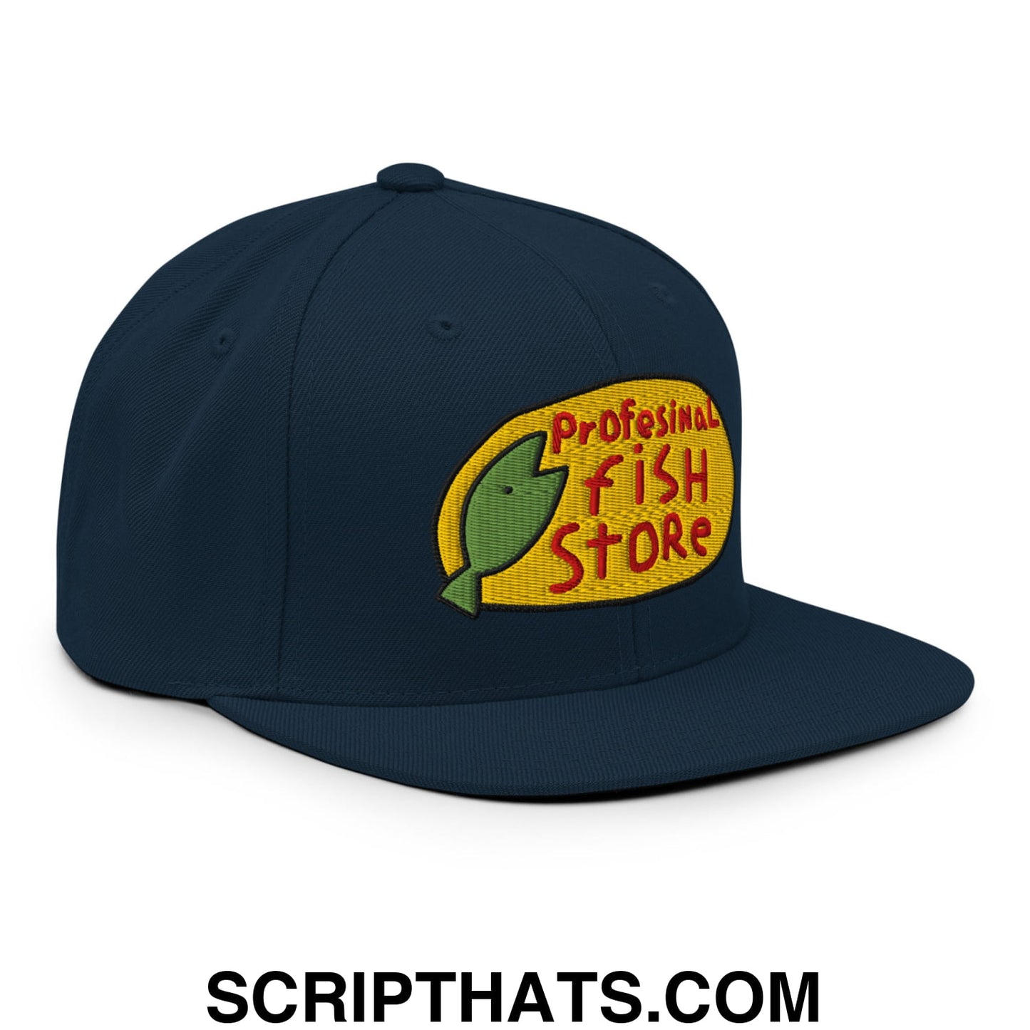 Professional Fish Store Embroidered Flat Bill Brim Snapback Hat Dark Navy