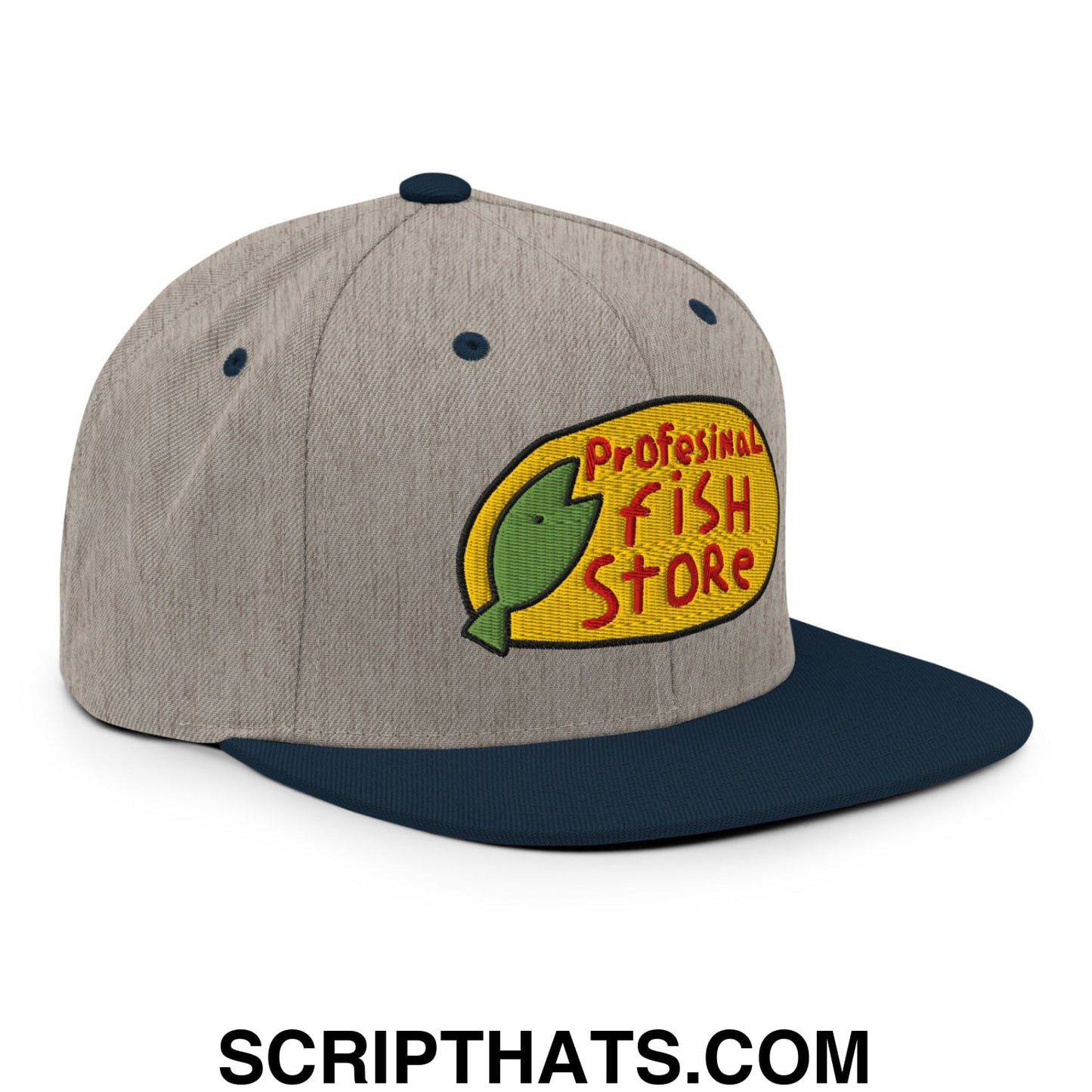 Professional Fish Store Embroidered Flat Bill Brim Snapback Hat Heather Grey Navy
