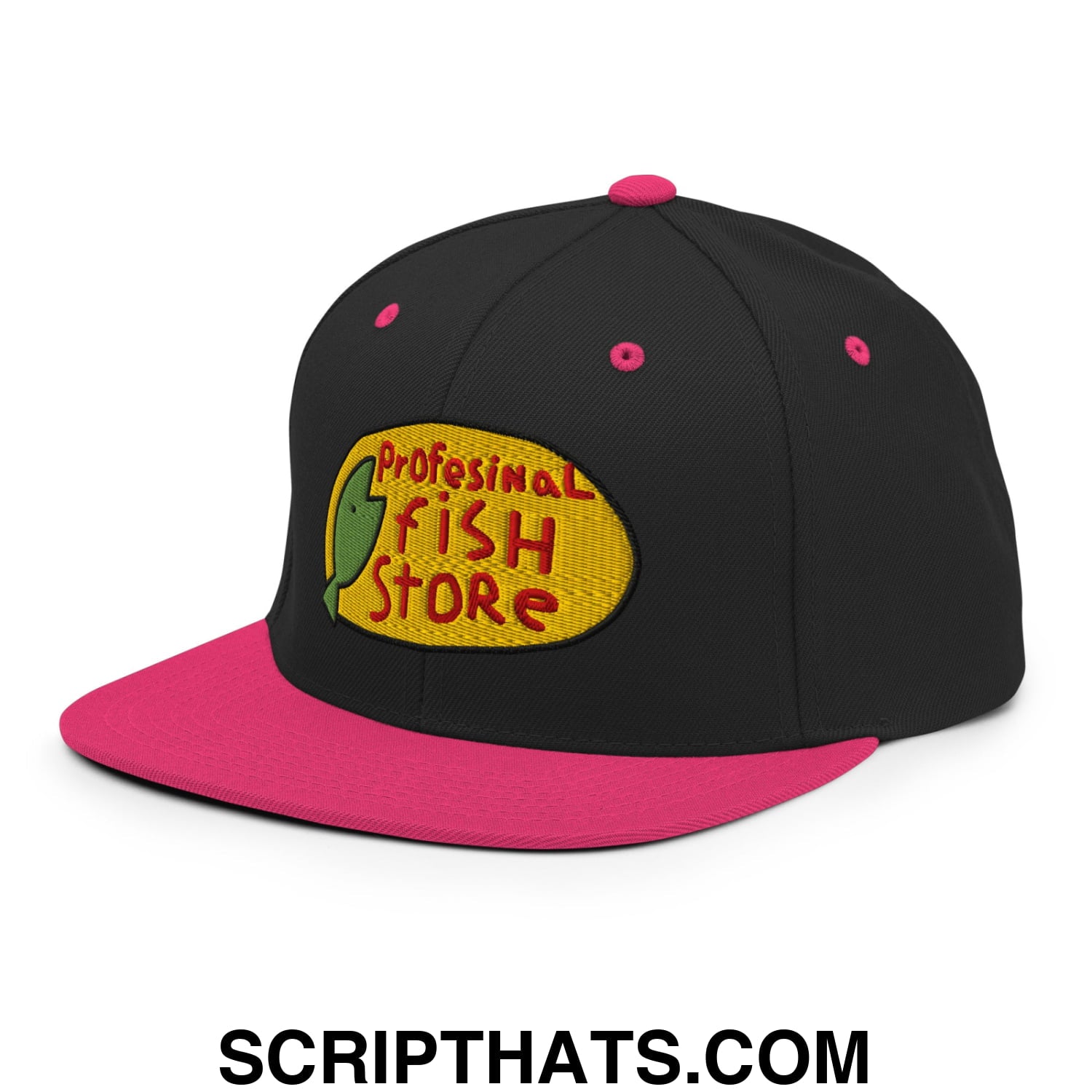 Professional Fish Store Embroidered Flat Bill Brim Snapback Hat Black Neon Pink