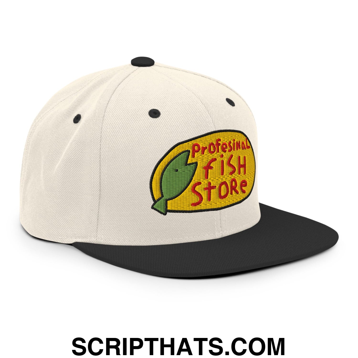 Professional Fish Store Embroidered Flat Bill Brim Snapback Hat Natural Black