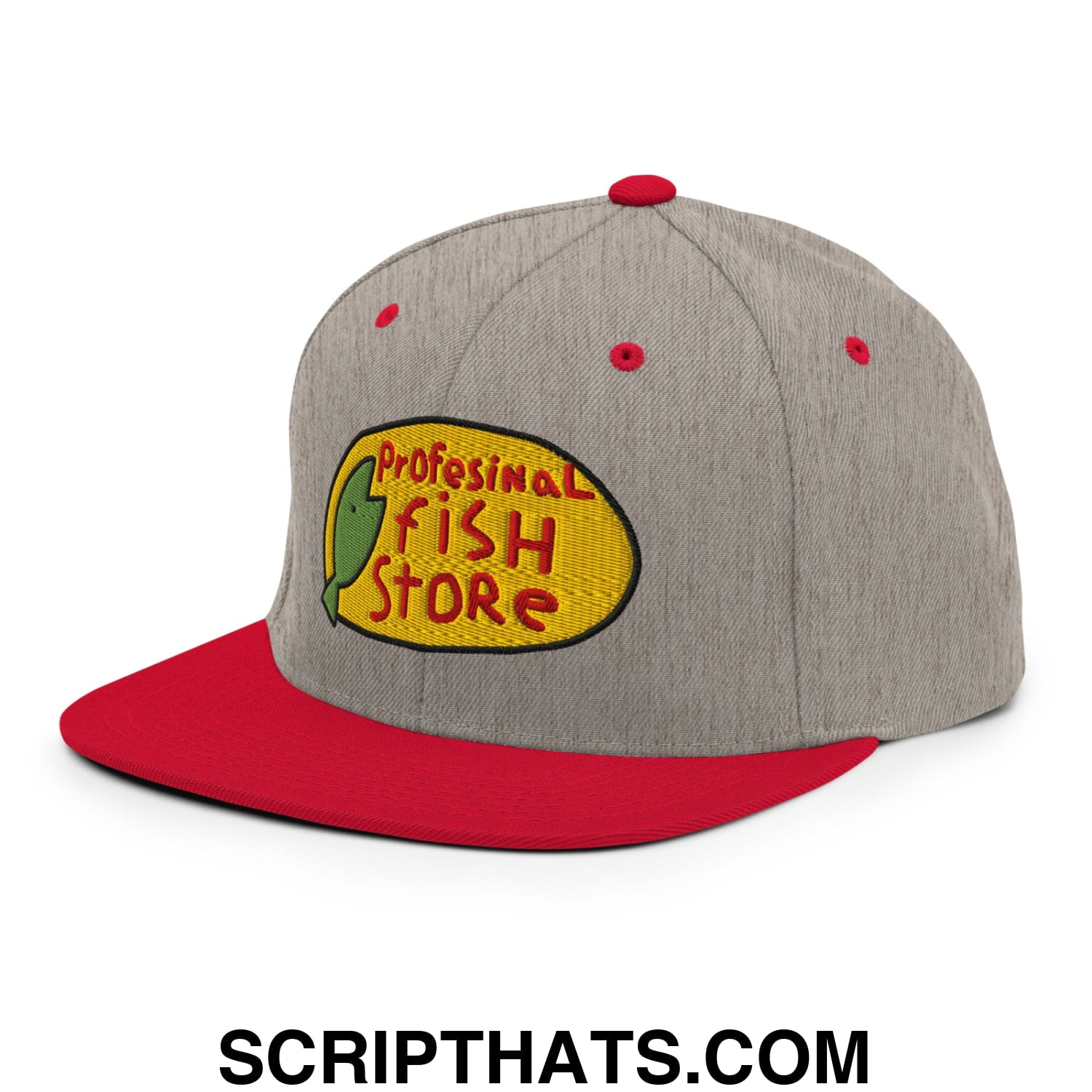 Professional Fish Store Embroidered Flat Bill Brim Snapback Hat Heather Grey Red