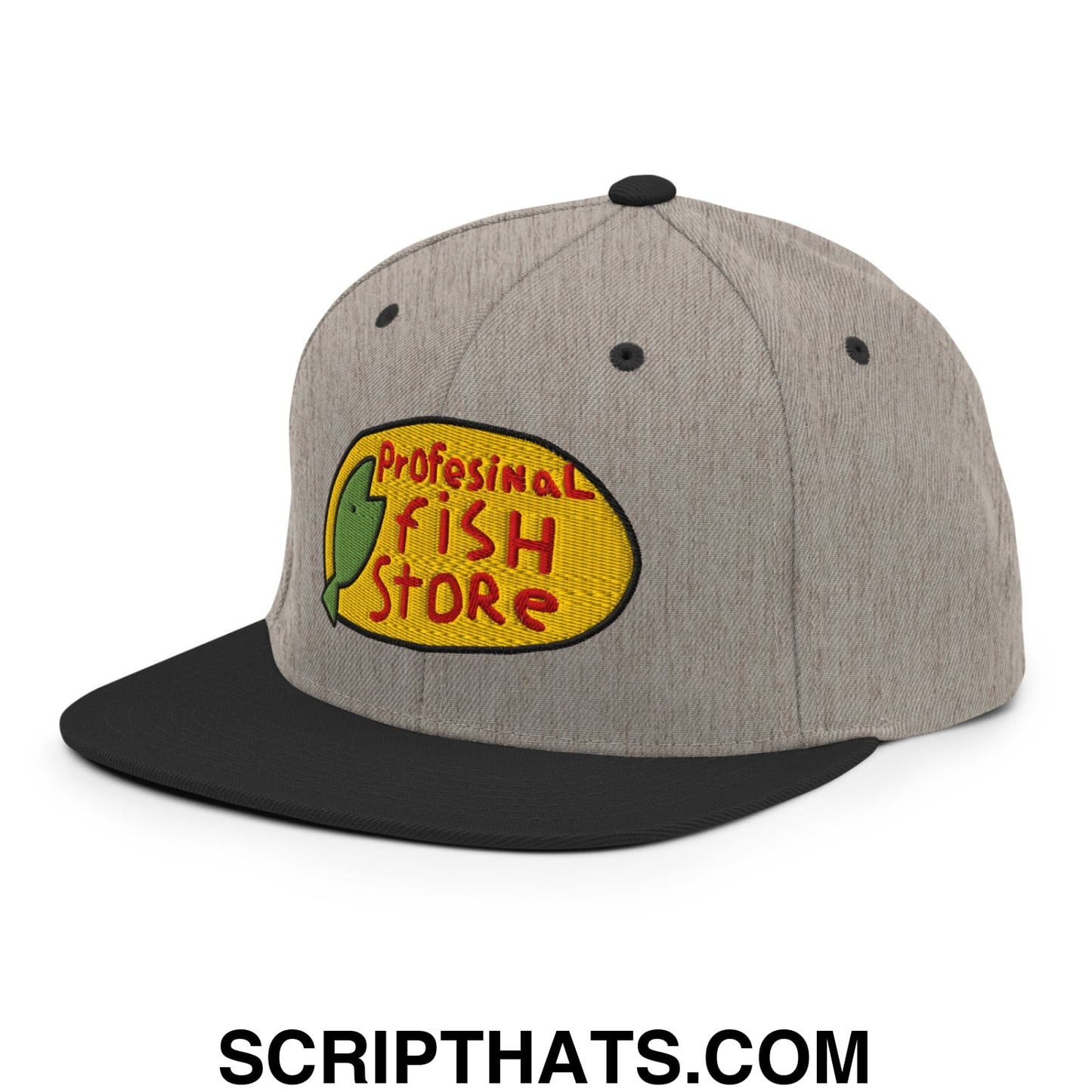 Professional Fish Store Embroidered Flat Bill Brim Snapback Hat Heather Black