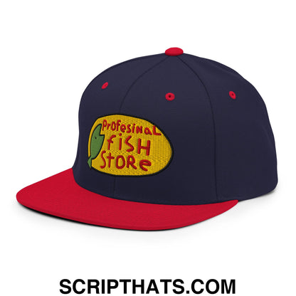 Professional Fish Store Embroidered Flat Bill Brim Snapback Hat Navy Red