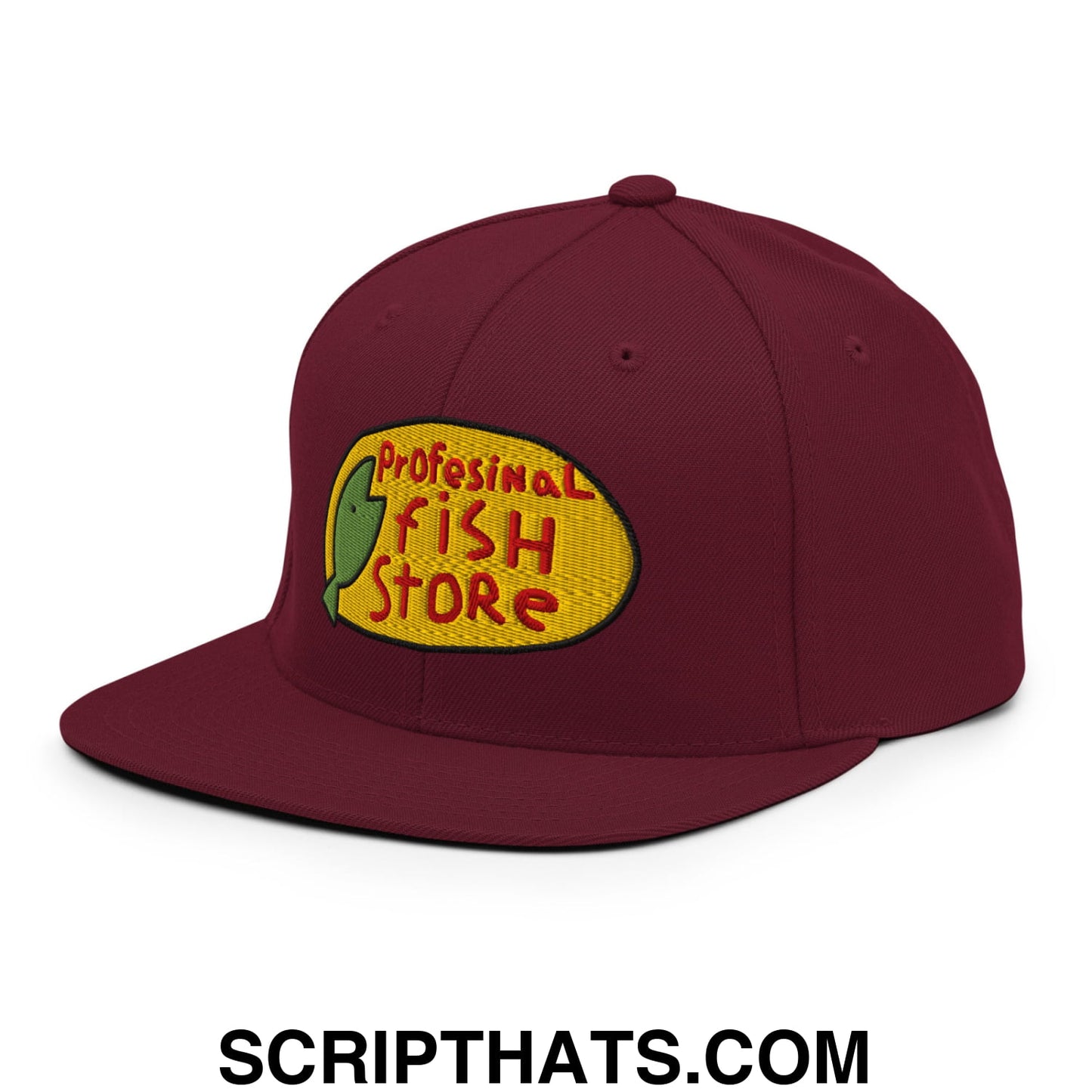 Professional Fish Store Embroidered Flat Bill Brim Snapback Hat Maroon