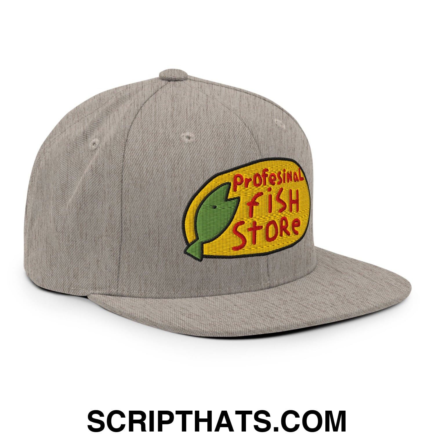 Professional Fish Store Embroidered Flat Bill Brim Snapback Hat Heather Grey