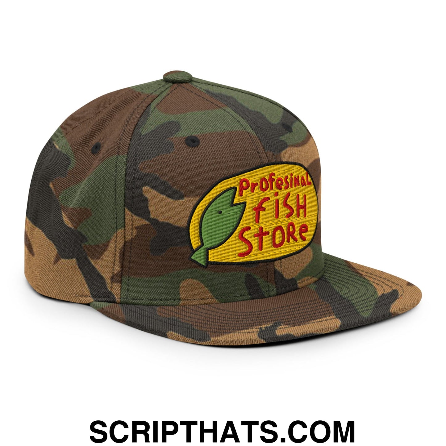 Professional Fish Store Embroidered Flat Bill Brim Snapback Hat Green Camo