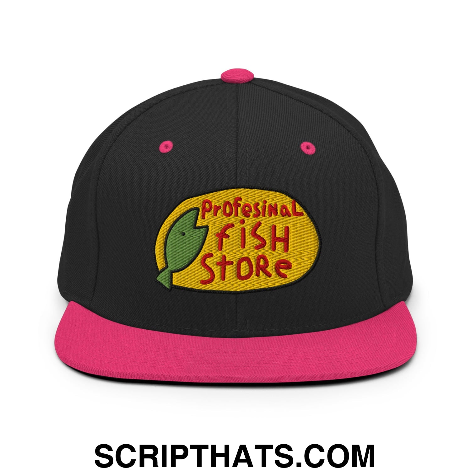 Professional Fish Store Embroidered Flat Bill Brim Snapback Hat Black Neon Pink