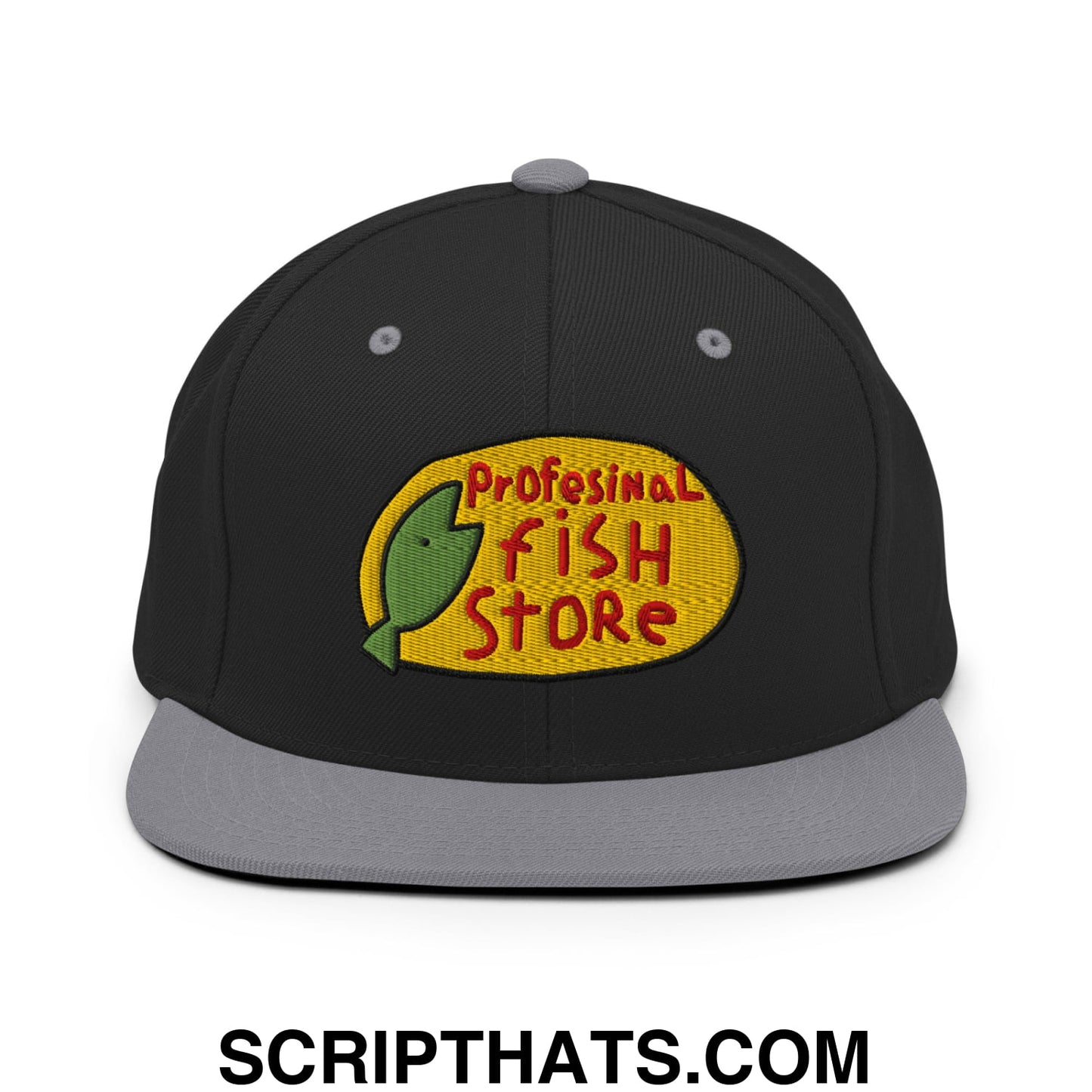 Professional Fish Store Embroidered Flat Bill Brim Snapback Hat Black Silver