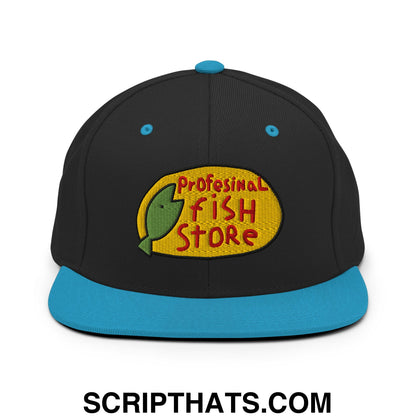 Professional Fish Store Embroidered Flat Bill Brim Snapback Hat Black Teal
