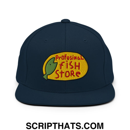 Professional Fish Store Embroidered Flat Bill Brim Snapback Hat Dark Navy