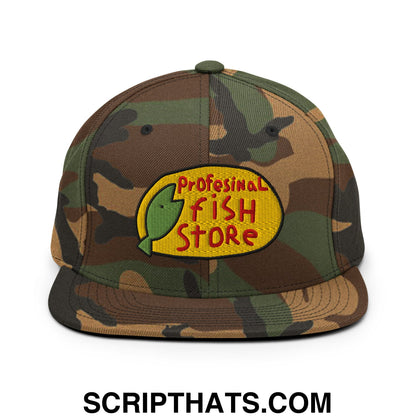 Professional Fish Store Embroidered Flat Bill Brim Snapback Hat Green Camo