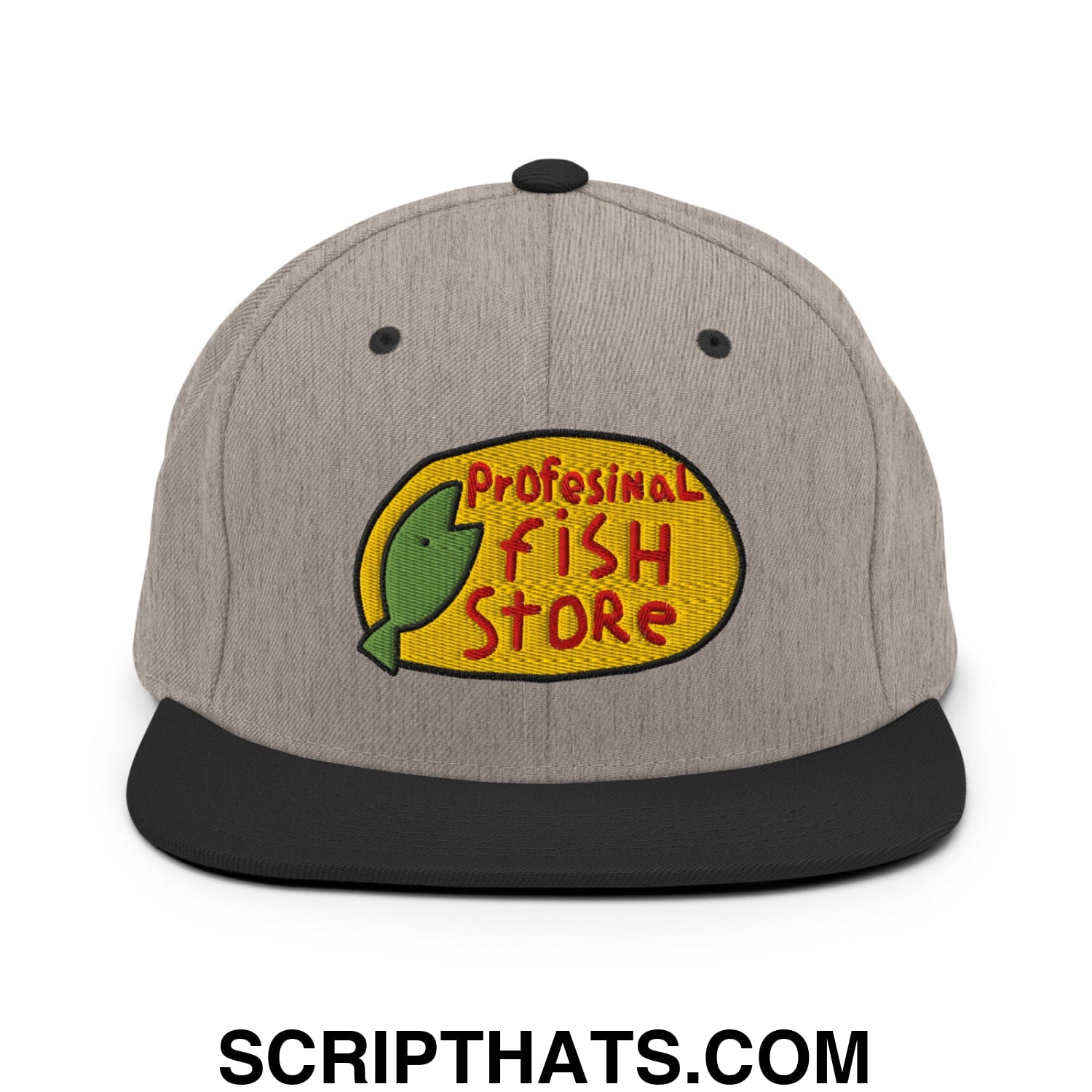 Professional Fish Store Embroidered Flat Bill Brim Snapback Hat Heather Black