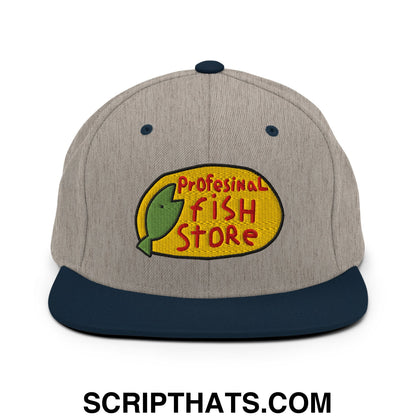 Professional Fish Store Embroidered Flat Bill Brim Snapback Hat Heather Grey Navy