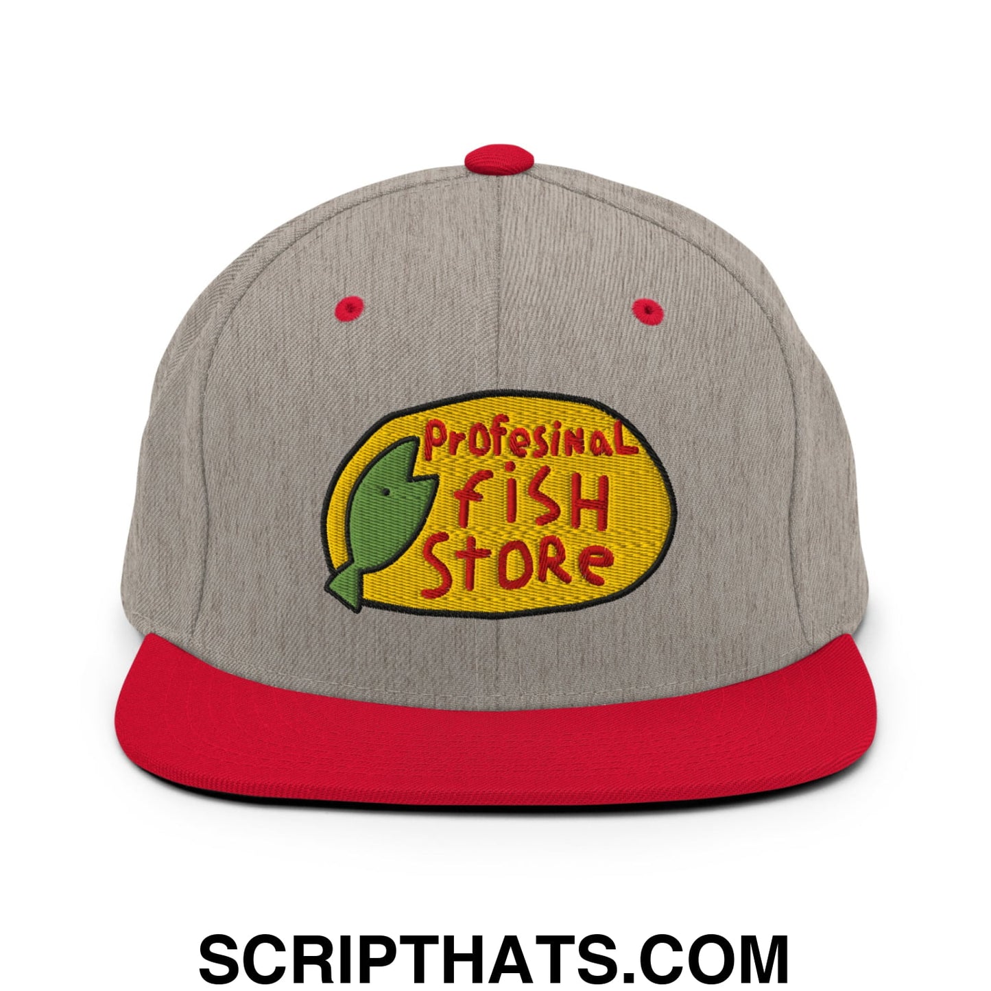 Professional Fish Store Embroidered Flat Bill Brim Snapback Hat Heather Grey Red