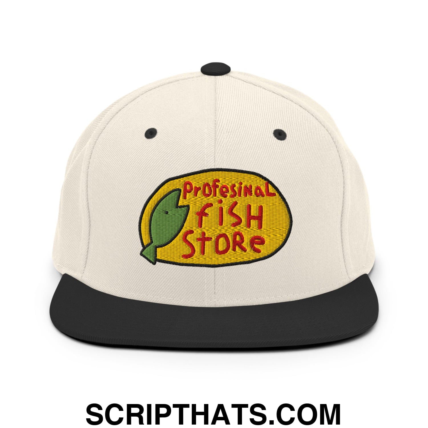 Professional Fish Store Embroidered Flat Bill Brim Snapback Hat Natural Black