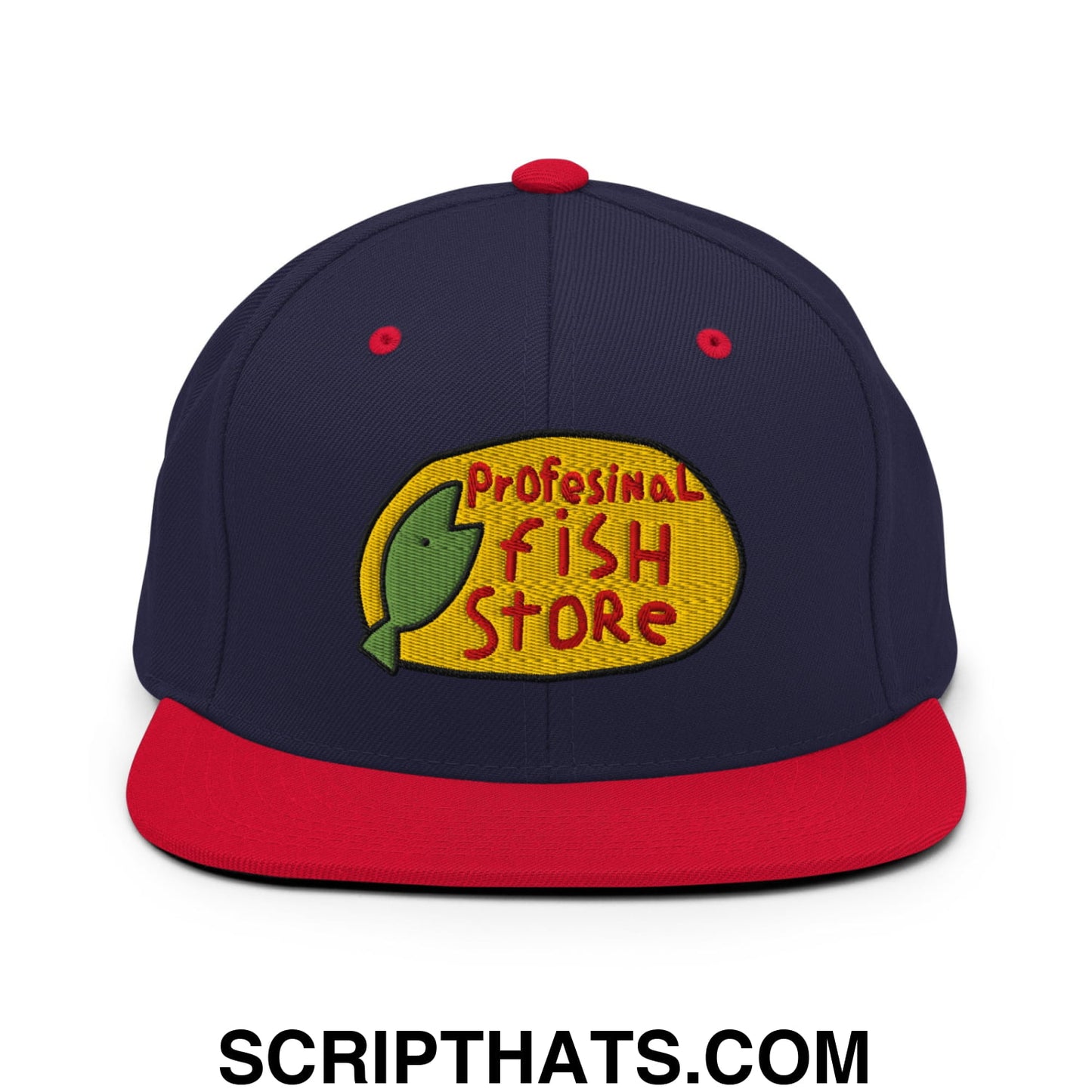 Professional Fish Store Embroidered Flat Bill Brim Snapback Hat Navy Red
