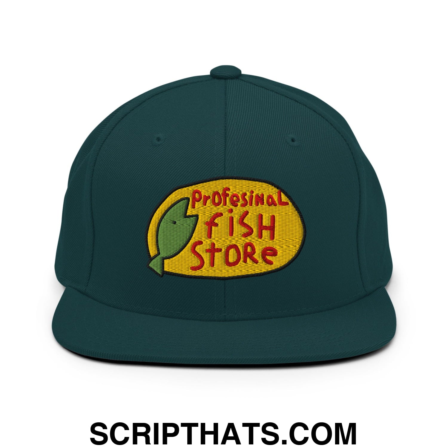 Professional Fish Store Embroidered Flat Bill Brim Snapback Hat Spruce