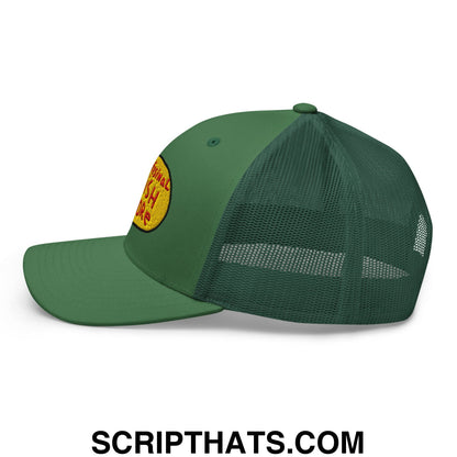 Green mesh trucker hat featuring a yellow and red embroidered patch, perfect for professional fish store use