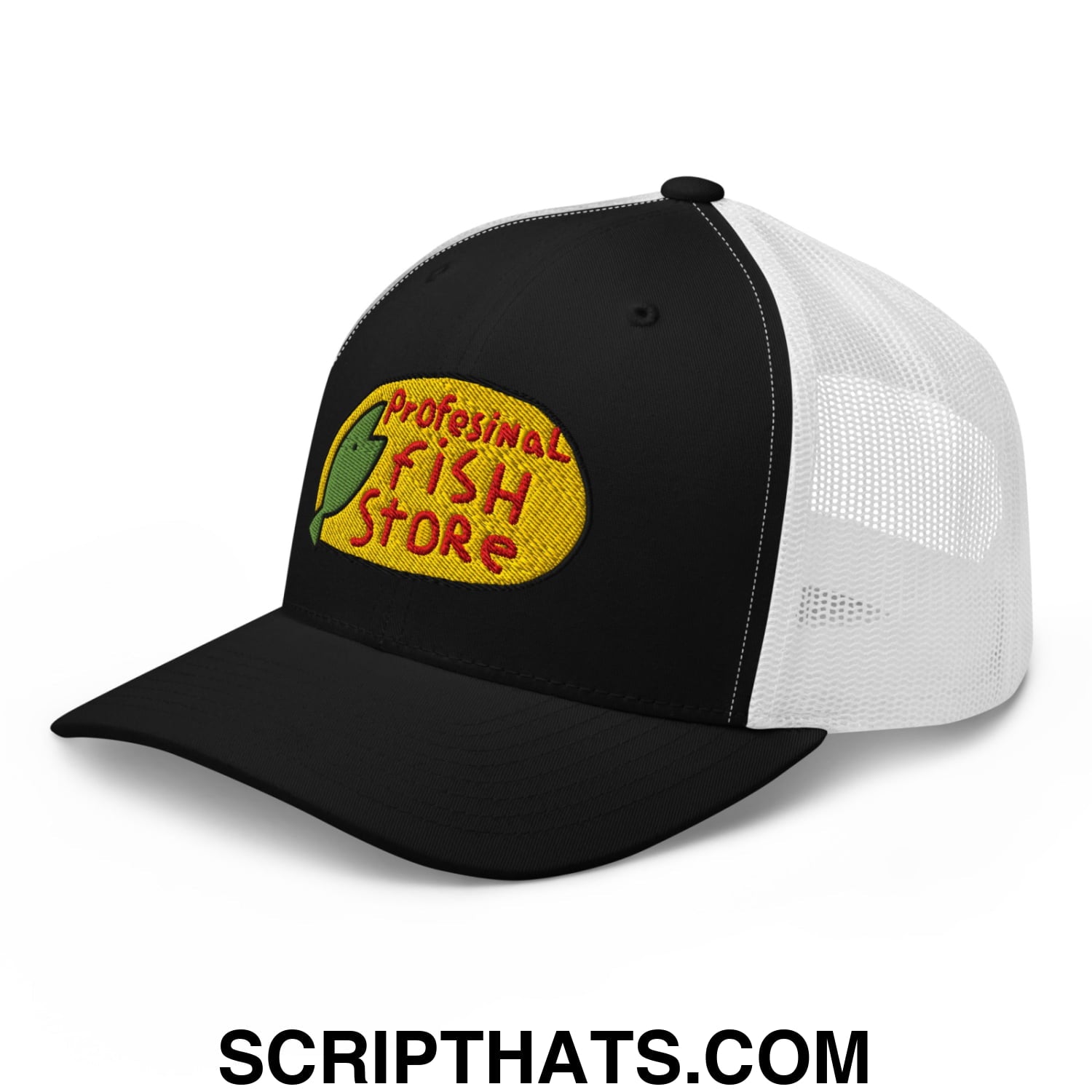 Black and white mesh trucker hat with yellow embroidered professional fish store logo and red lettering