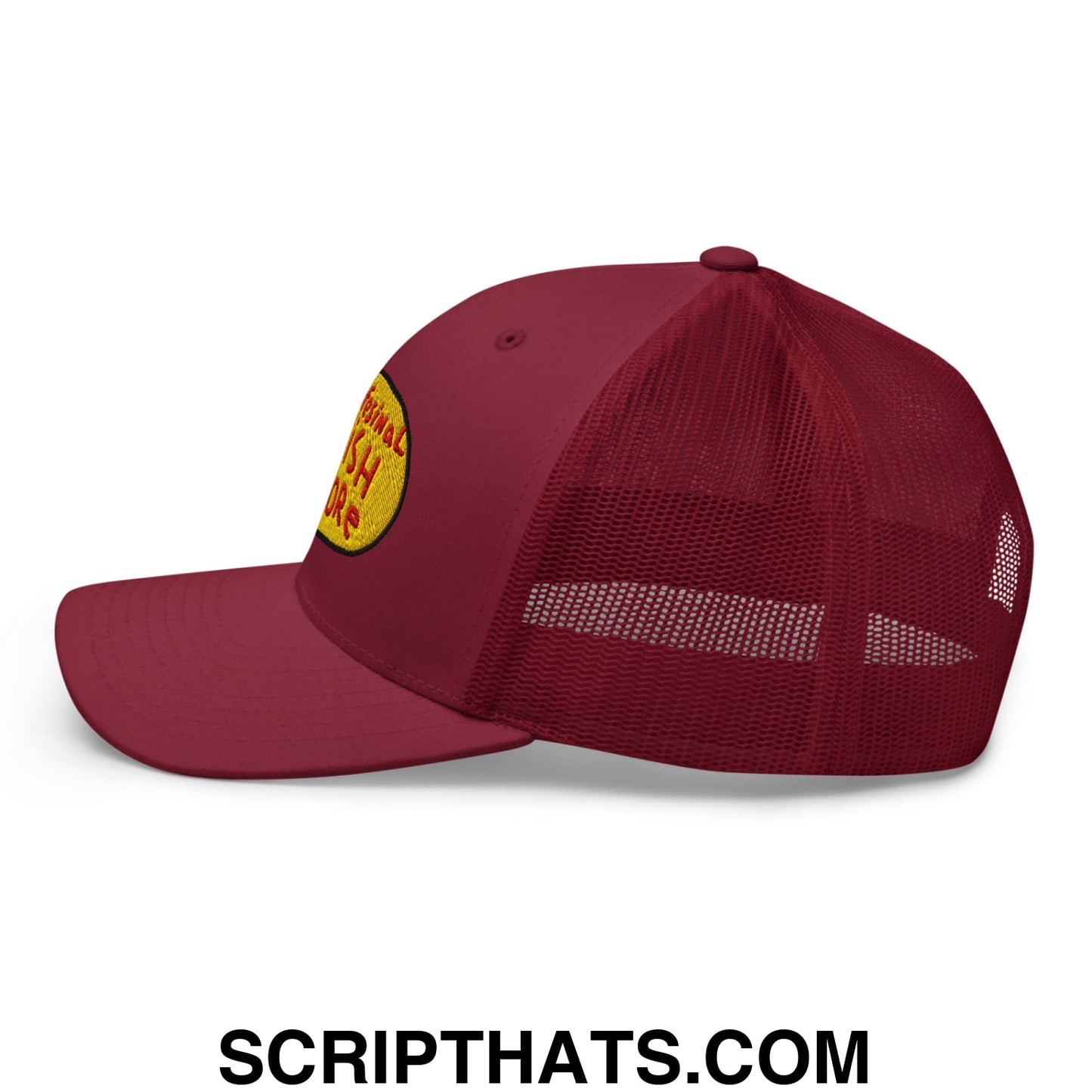 Maroon mesh trucker hat with a yellow embroidered Professional Fish Store patch on the front panel