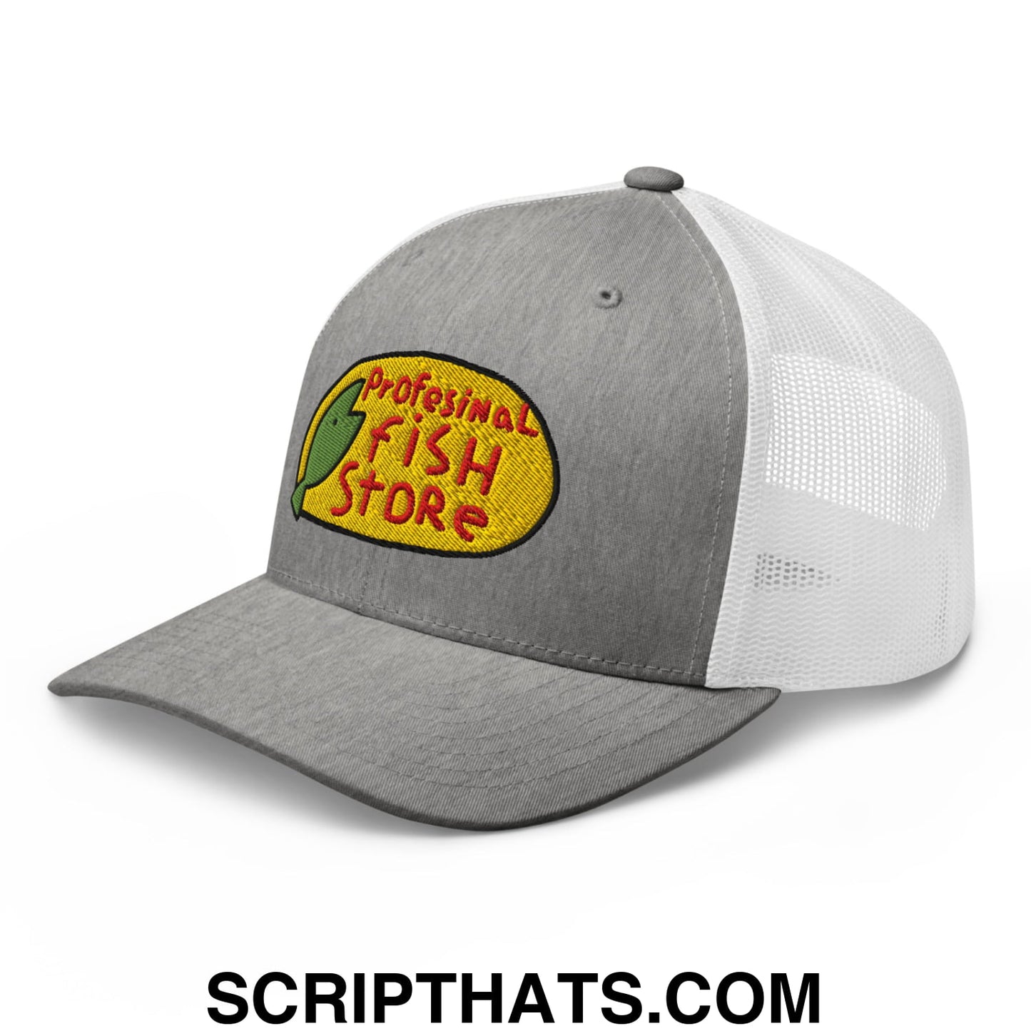 Gray and white mesh trucker hat with yellow embroidered professional fish store logo and red lettering