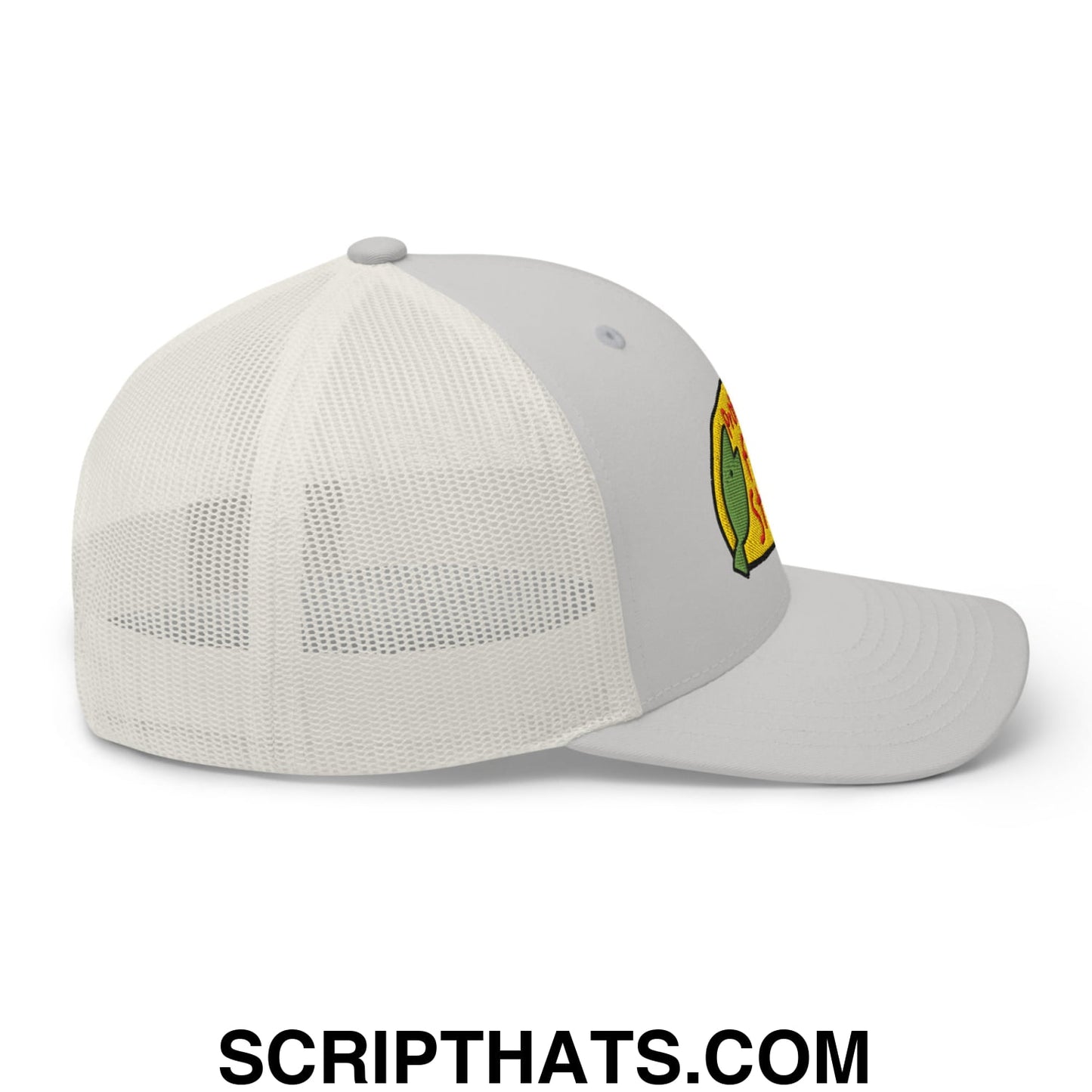 Gray professional fish store embroidered mesh trucker hat with white mesh back and multicolor logo on the side