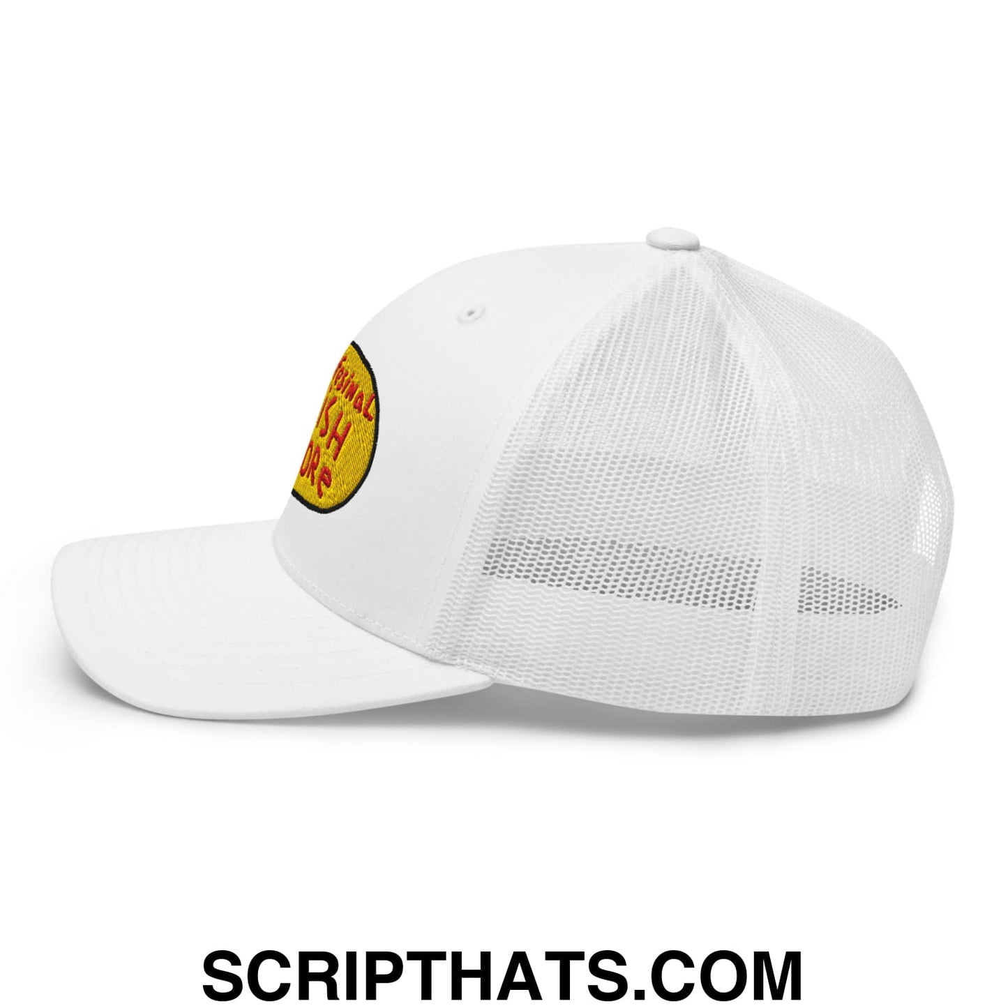 White mesh professional fish store trucker hat with yellow and black embroidered patch on the side