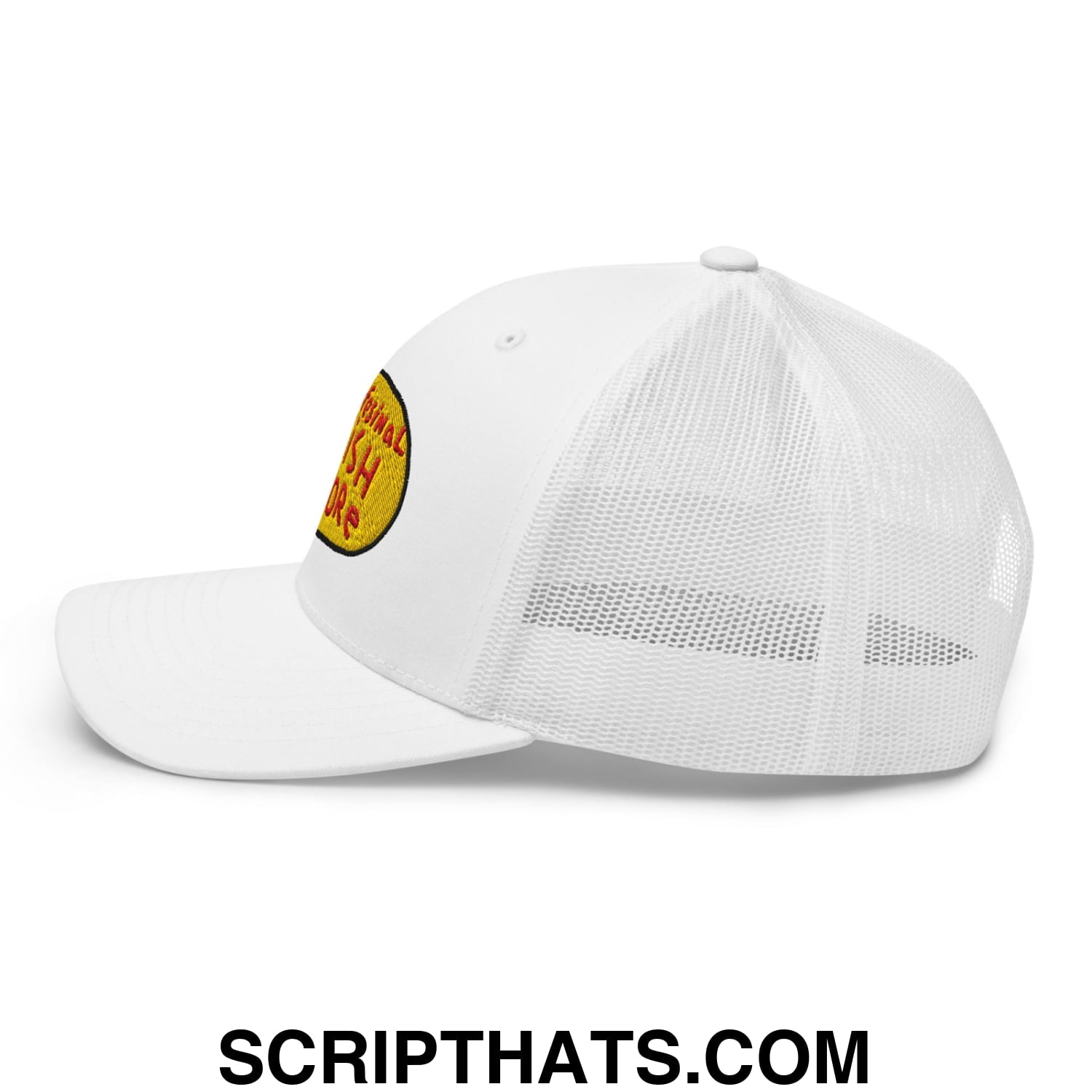 White mesh professional fish store trucker hat with yellow and black embroidered patch on the side