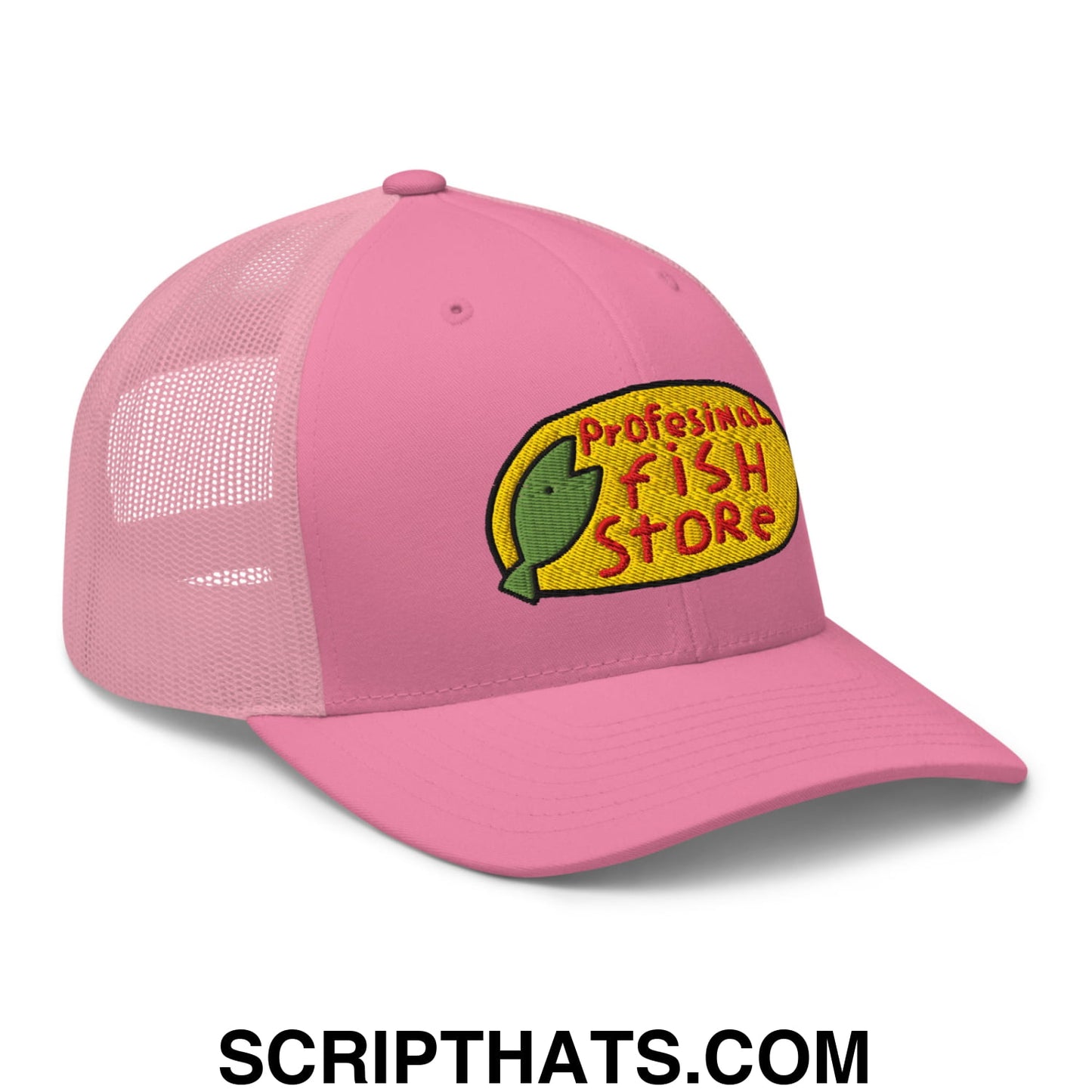 Pink mesh trucker hat with yellow and green embroidered professional fish store logo for casual wear