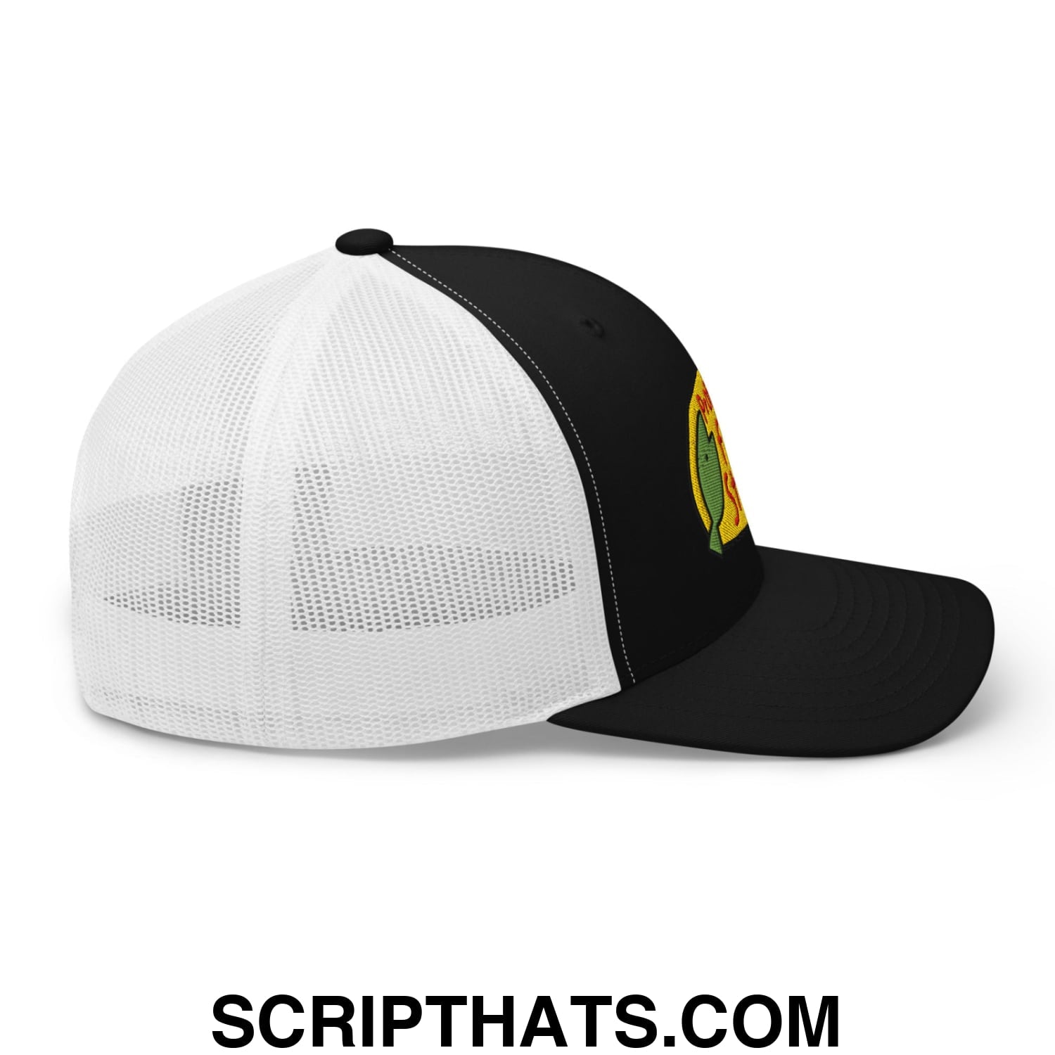 Black and white mesh trucker hat with yellow green and red embroidered logo for professional fish store use
