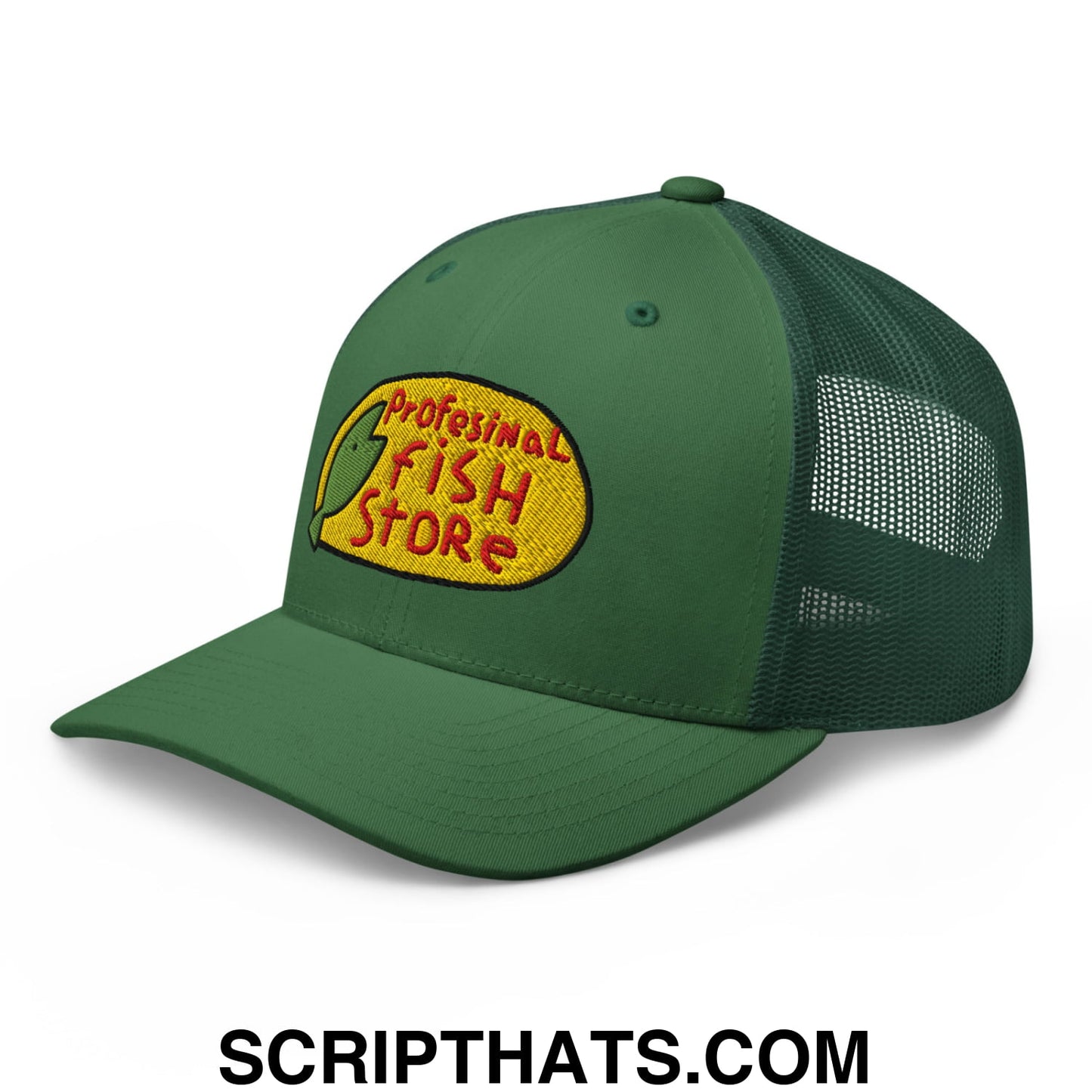 Green mesh trucker hat with yellow and red embroidered professional fish store logo on the front