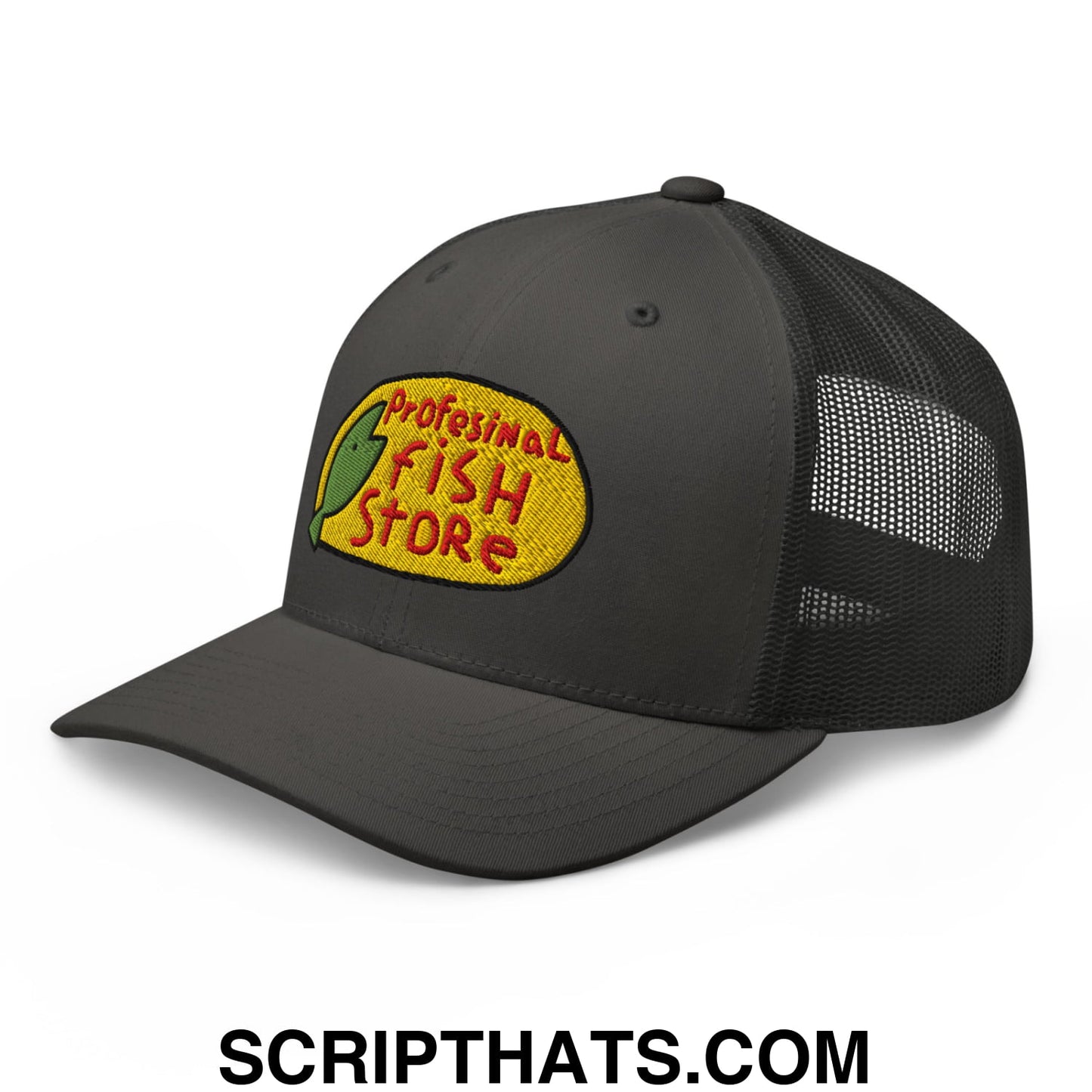 Dark gray mesh trucker hat with yellow embroidered professional fish store logo featuring red lettering and green fish design