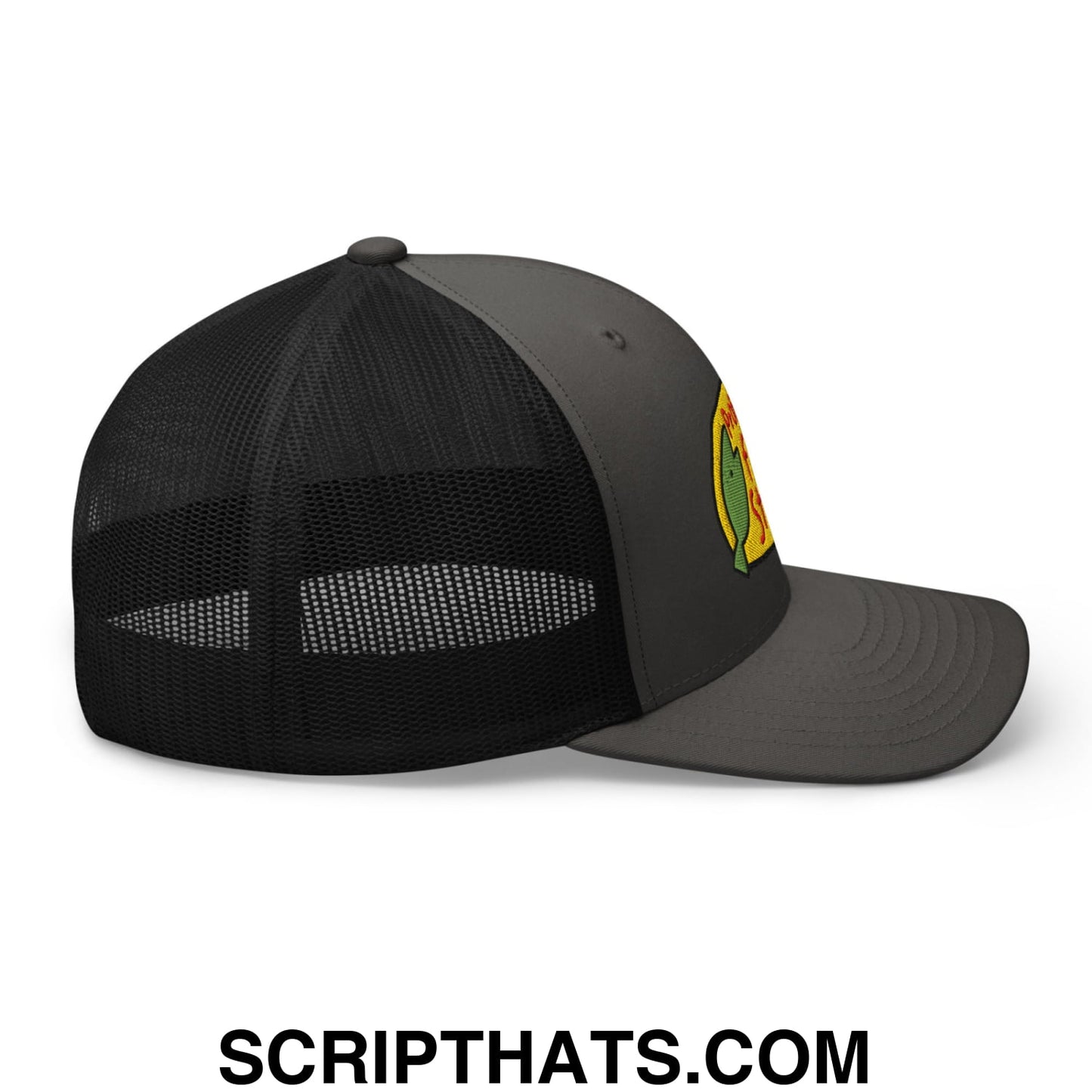 Dark gray professional fish store trucker hat with black mesh back and yellow green red embroidered logo on front