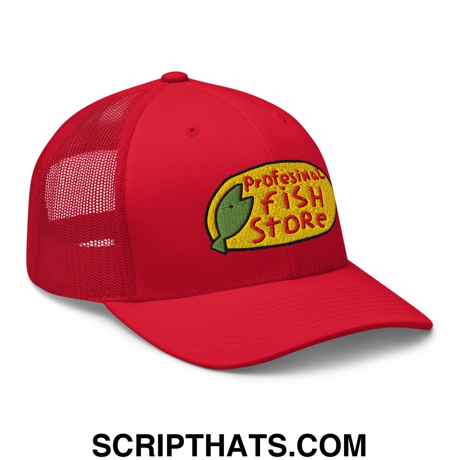 Red mesh trucker hat with yellow and green embroidered professional fish store logo for fishing enthusiasts