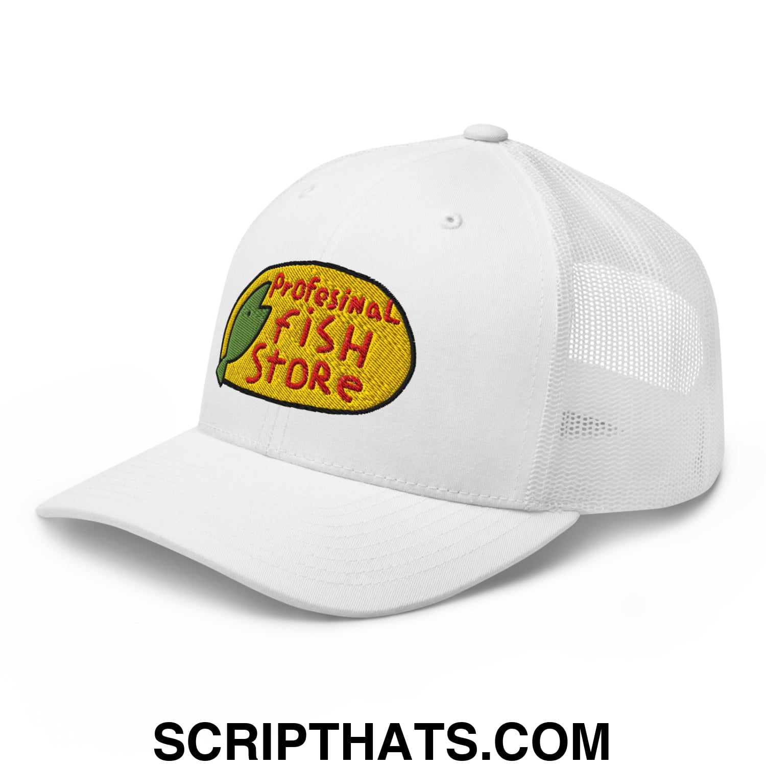 White mesh trucker hat with yellow embroidered professional fish store logo featuring red lettering and green fish design