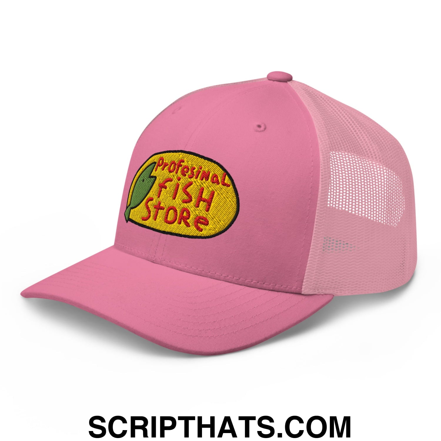 Pink mesh trucker hat with yellow embroidered professional fish store logo featuring green fish scales and red lettering