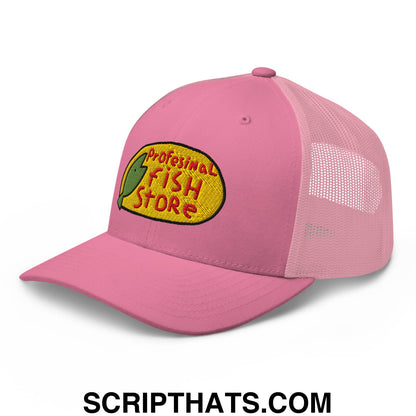 Pink mesh trucker hat with yellow embroidered professional fish store logo featuring green fish scales and red lettering