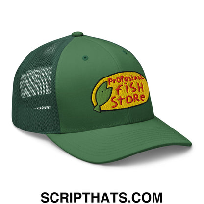 Green mesh trucker hat with yellow and red embroidered professional fish store logo featuring fish design