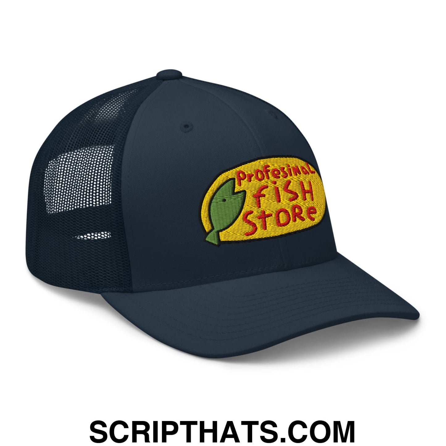 Dark navy mesh trucker hat with embroidered professional fish store logo featuring a green fish on yellow oval background