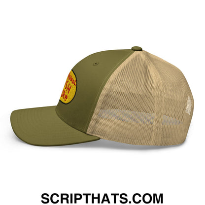 Olive green and tan mesh trucker hat with yellow embroidered original fish camp patch for professional fish store use