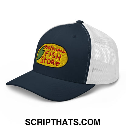 Navy blue and white mesh trucker hat with yellow embroidered professional fish store logo and red lettering