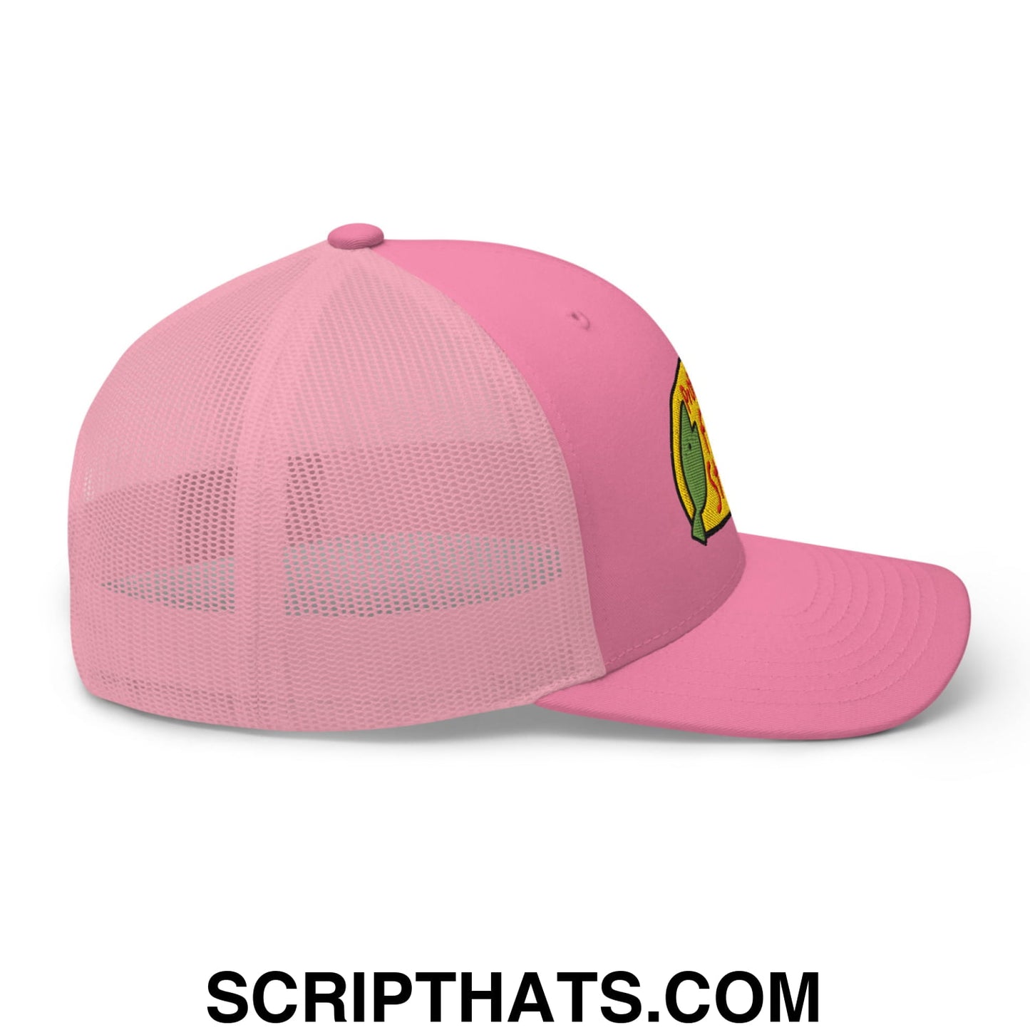 Professional fish store embroidered pink trucker hat with mesh back and logo on the front for casual wear