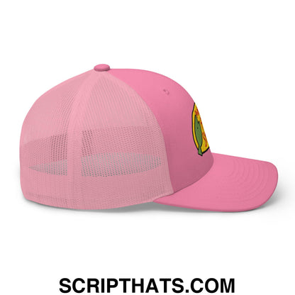 Professional fish store embroidered pink trucker hat with mesh back and logo on the front for casual wear