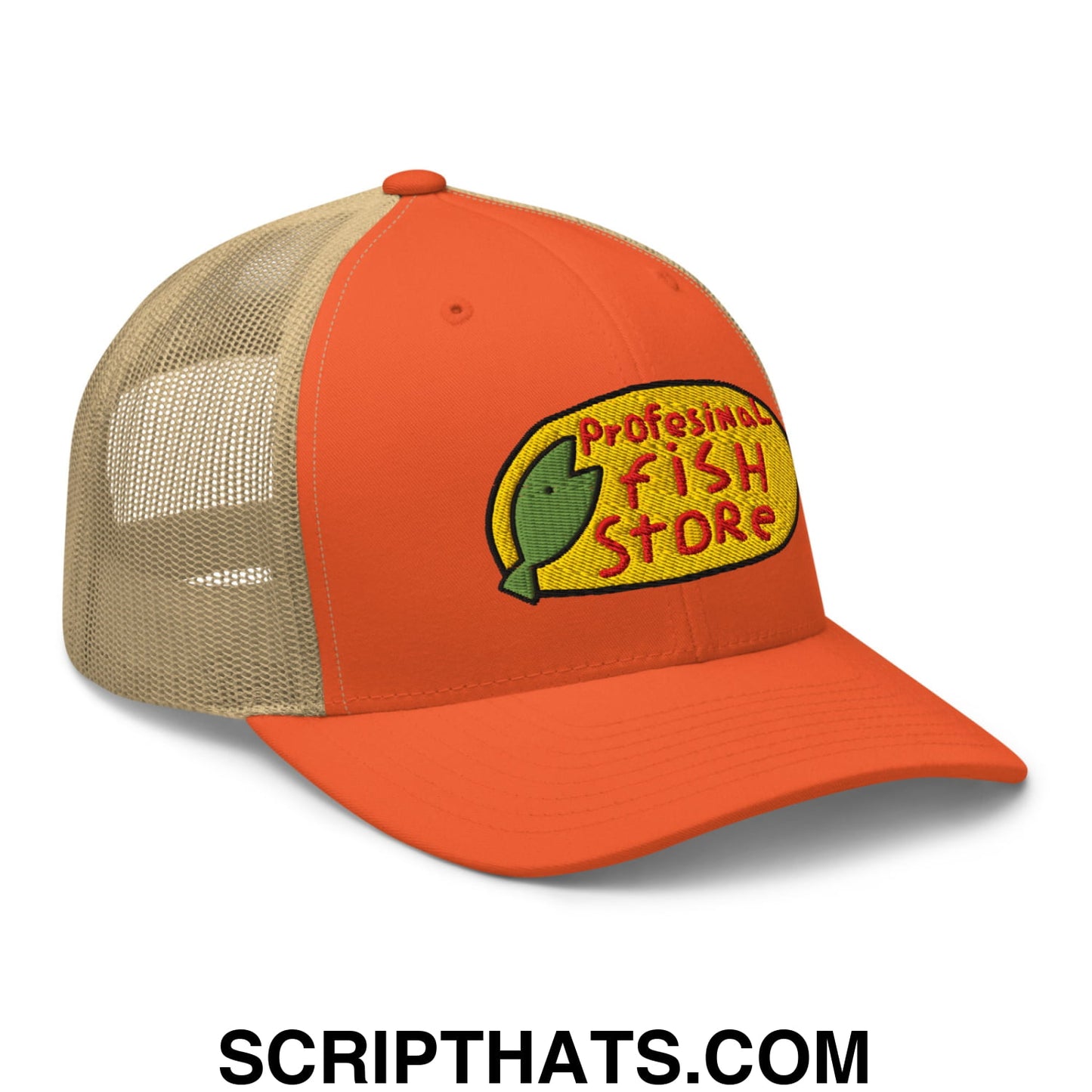 Orange and tan mesh trucker hat with yellow embroidered professional fish store logo and green fish design
