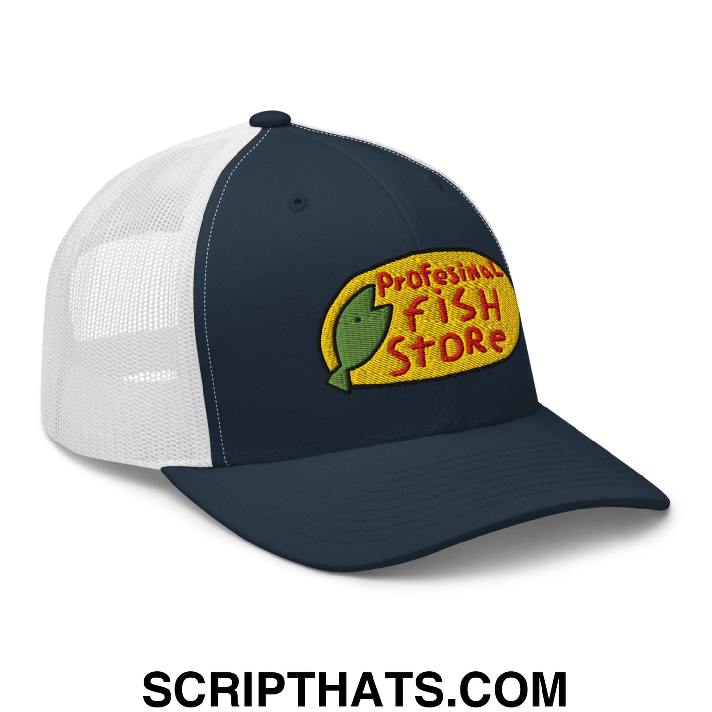 Navy blue and white mesh trucker hat with embroidered professional fish store logo featuring green fish on yellow oval
