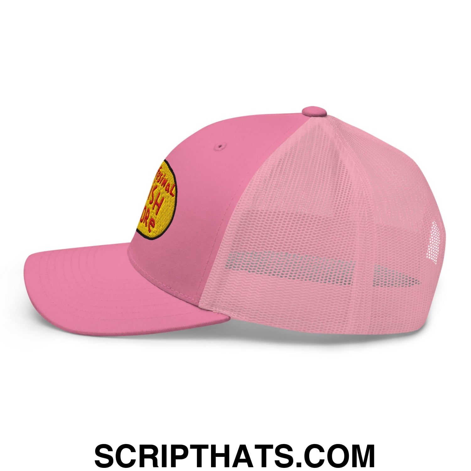 Pink professional fish store trucker hat with yellow embroidered patch and mesh back panel for ventilation