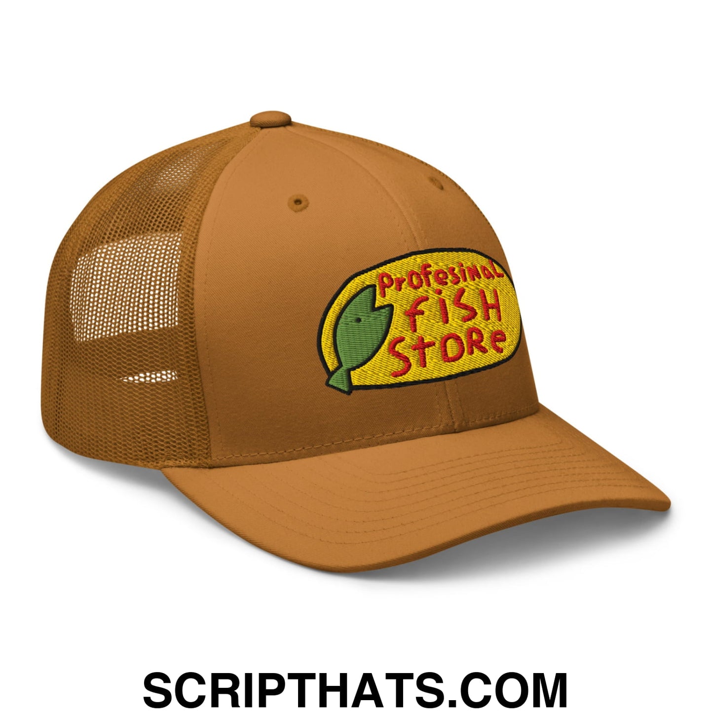 Tan mesh trucker hat with yellow and green embroidered professional fish store logo for fishing enthusiasts