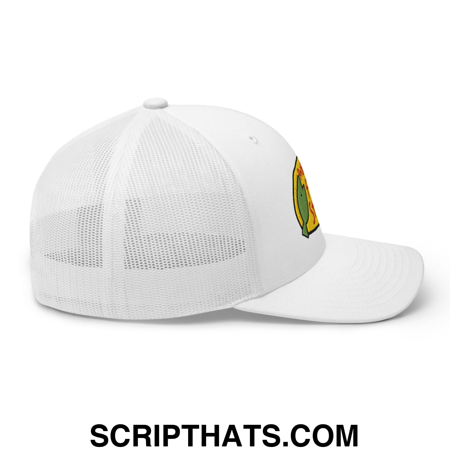 White mesh back trucker hat with embroidered professional fish store logo on the side