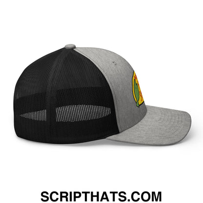 Gray and black mesh trucker hat with yellow green and red embroidered logo for professional fish store use