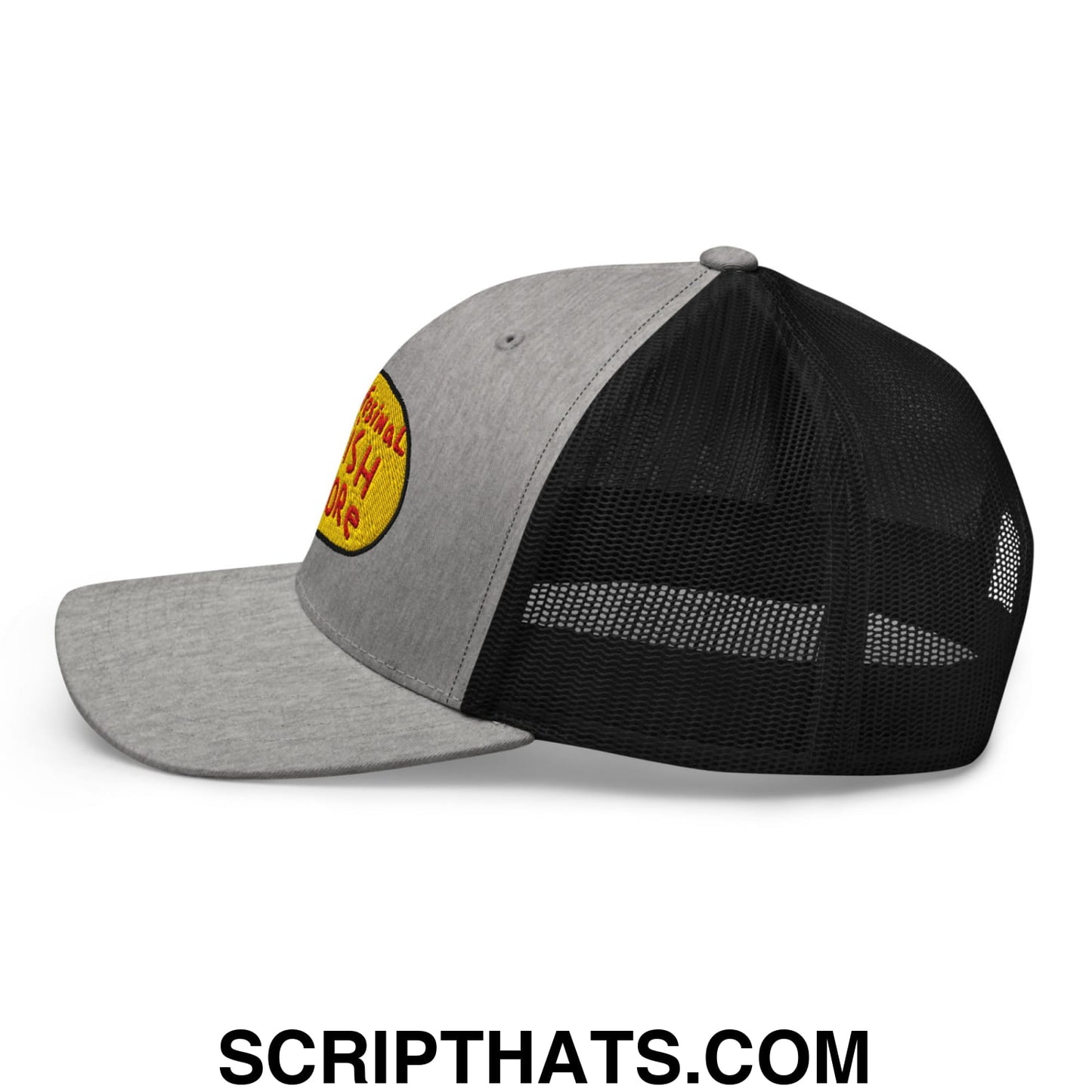 Gray and black mesh trucker hat with yellow embroidered patch featuring red text for professional fish store use